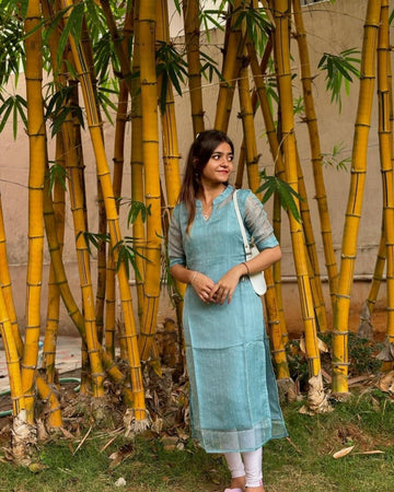 Blue Heavy Net Organza Kurti